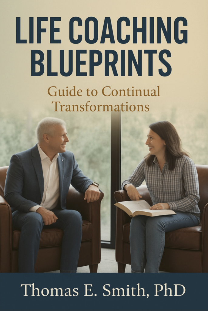 cover of Life Coaching Blueprints, with therapist and patient sitting in chairs facing each other, smiling